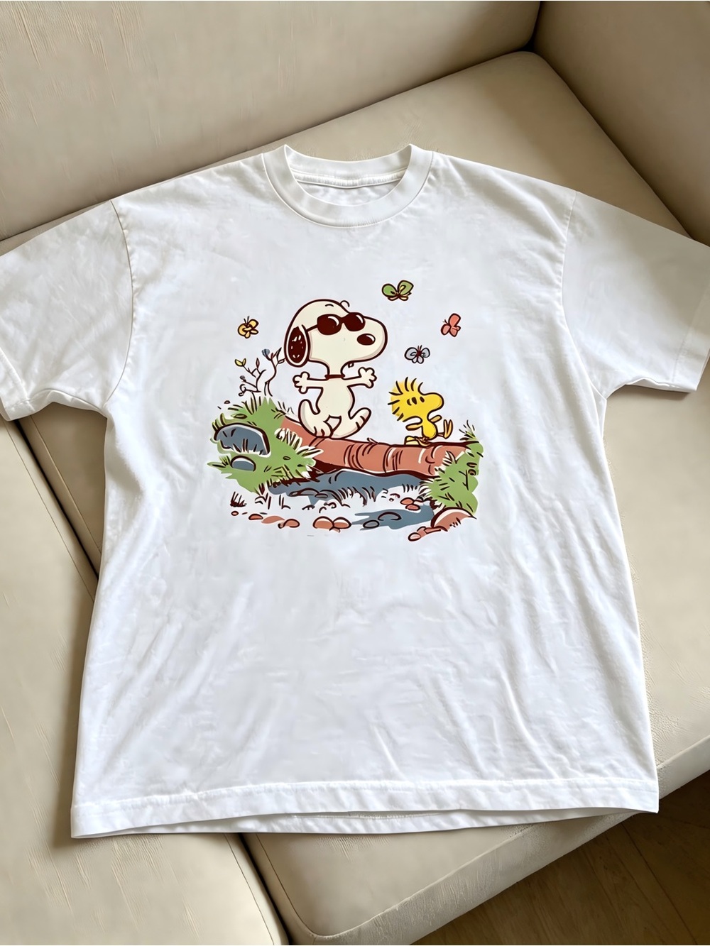 Beagle Dog Cartoon with Cool Sunglasses Graphic White Womens Mens T-shirt Unisex
